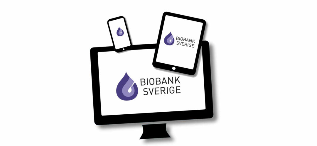 Dekorativ bild som visar Biobank Sveriges logotyp i olika skärmupplösningar (datorskärm, Ipad, telefon).